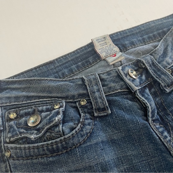 True religion low rise bootcut rhinestone distressed jeans size 26 medium wash - Picture 2 of 7